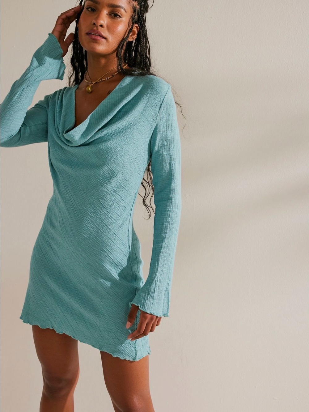 Free People Teal Long Sleeve Cowl Neck Dress